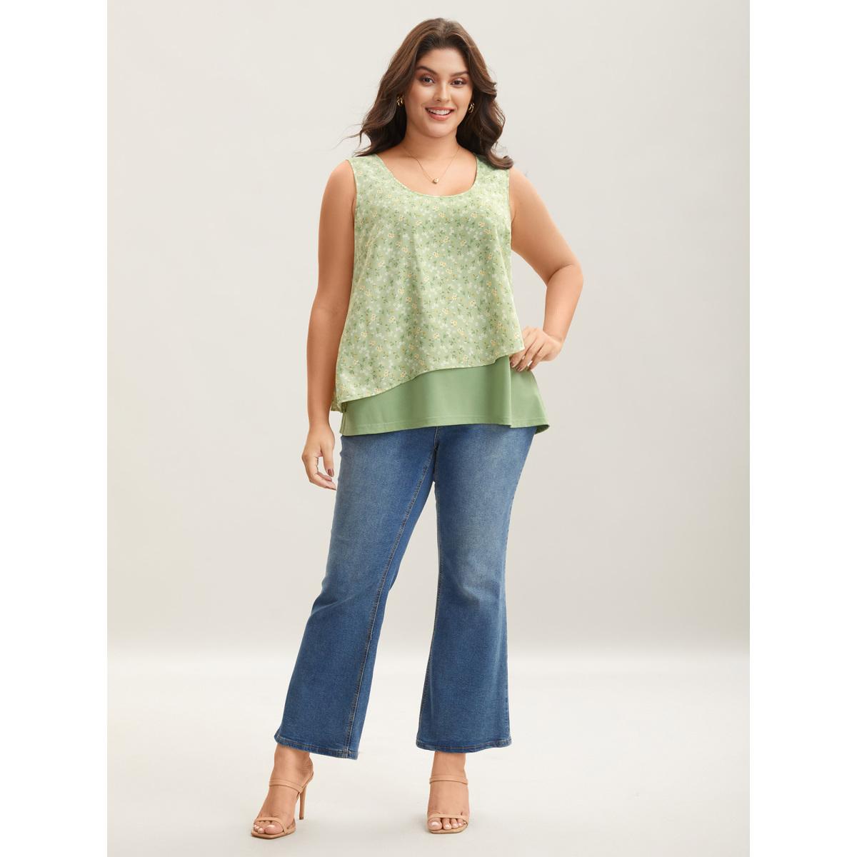 Plus Size Spring Break Printed Layered Sleeveless Top Women Greenbean Timeless Contrast U-neck Elegant Tank Tops Camis BloomChic 22-24/3X Product Image