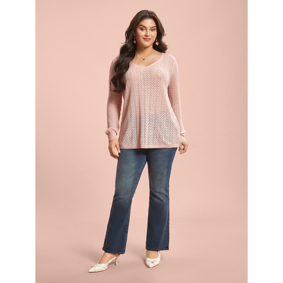 Plus Size Plain Hollow Out Romantic Textured Pullover Nudepink Women Casual Loose Long Sleeve V-neck Everyday Pullovers BloomChic 28/5X Product Image