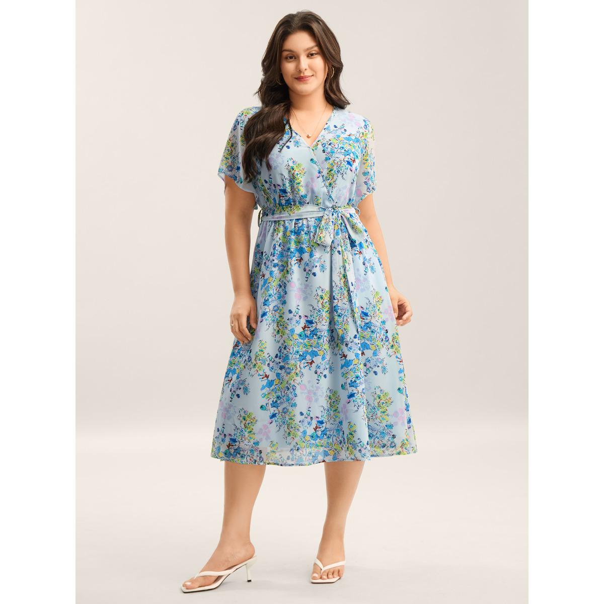 Plus Size Breezy Floral Lined Pockets Midi Dress LightBlue Women Overlap Collar Short sleeve Curvy BloomChic 28/5X Product Image