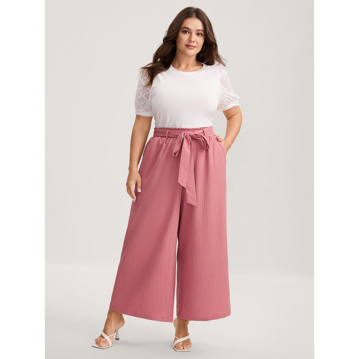 Plus Size Textured Belted Wide-Leg Pants Women Crepe Elegant Wide Leg Mid Rise Everyday-Elegant Pants BloomChic 26/4X Product Image