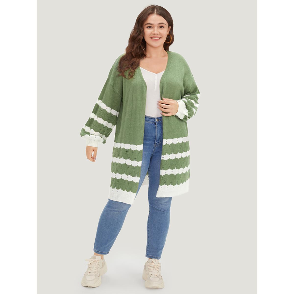 Plus Size Two Tone Open Front Split Side Cardigan Green Women Casual Loose Long Sleeve Everyday Cardigans BloomChic 18-20/2X Product Image