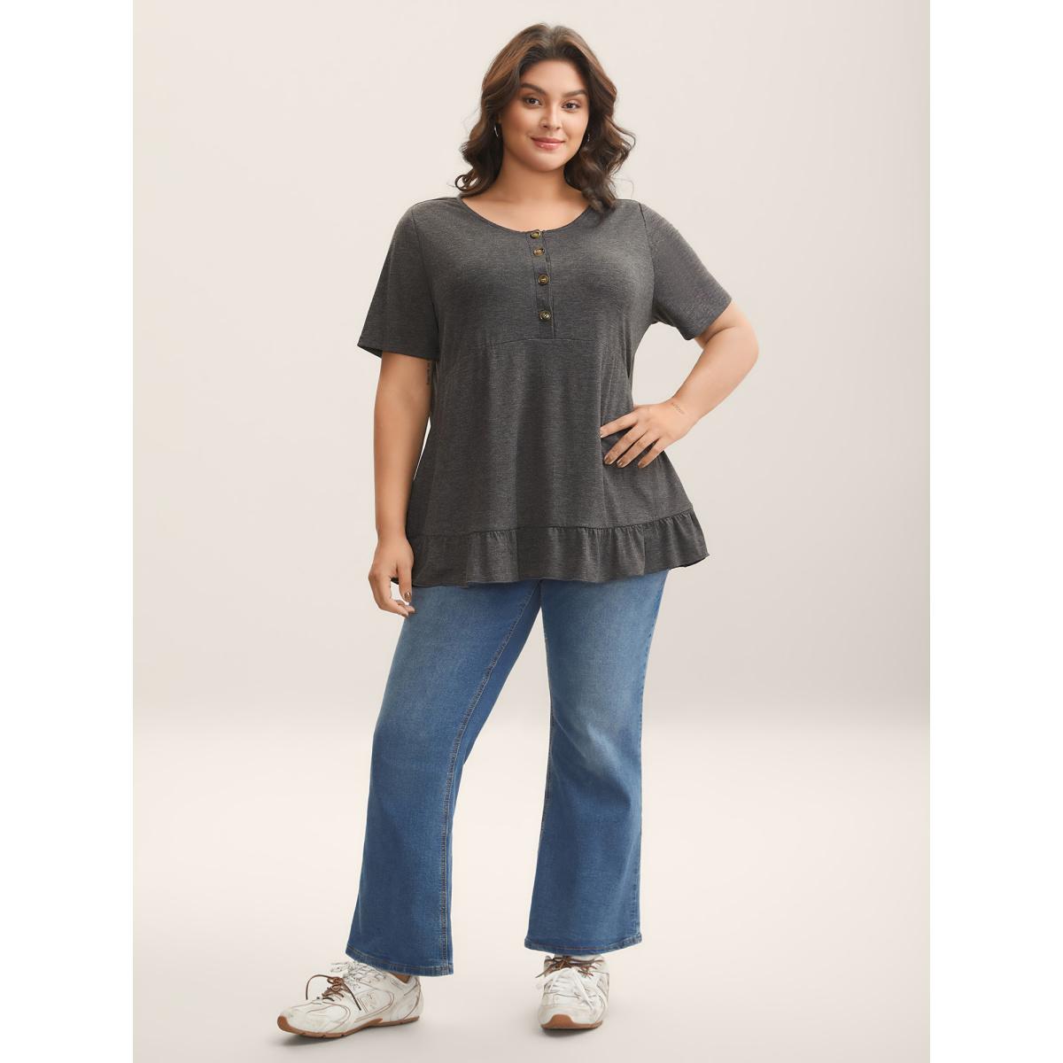 Plus Size Button Detail Ruffled Hem Babydoll T-Shirt DimGray Women Gathered Round Neck Everyday-Casual T-shirts BloomChic 28/5X Product Image