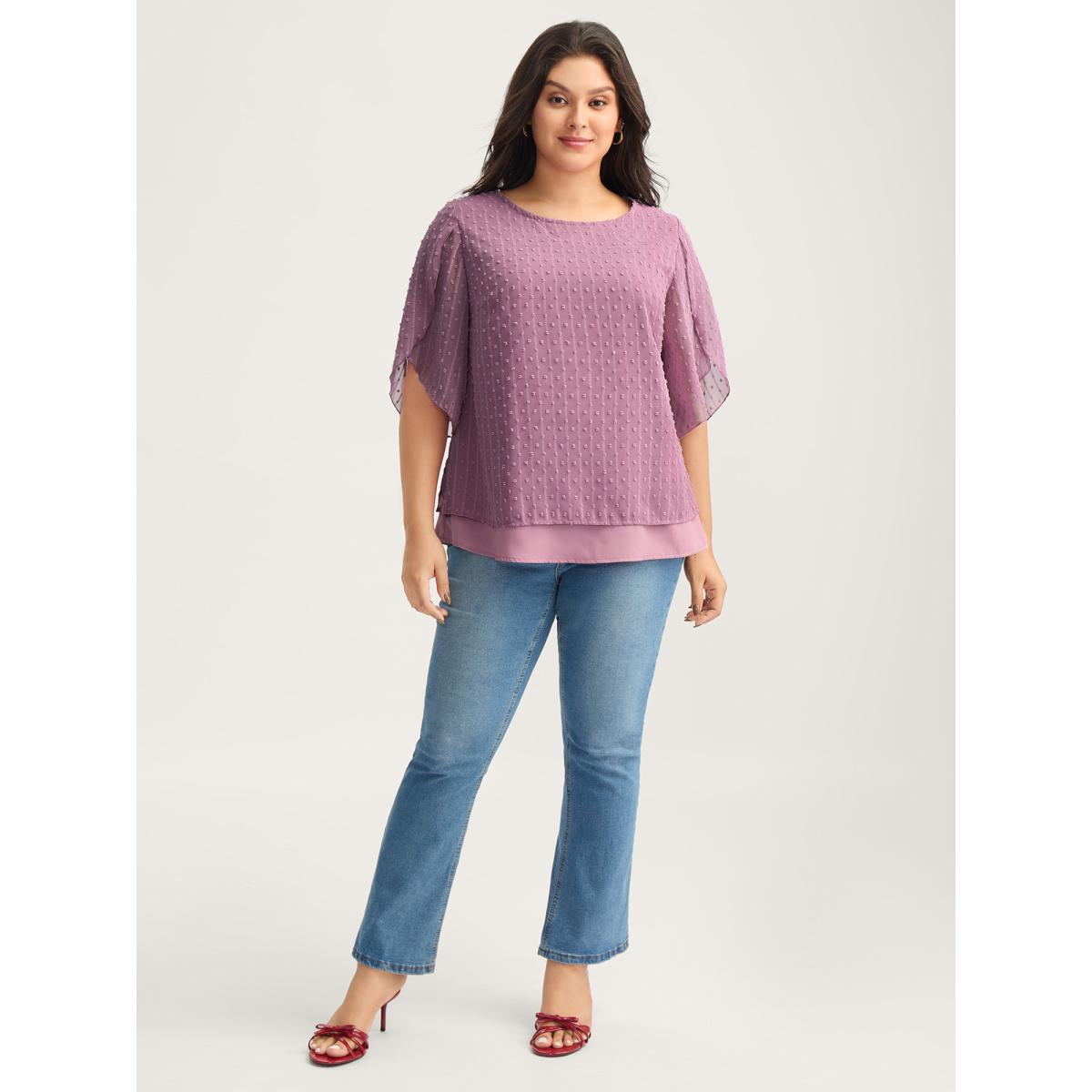 Plus Size Lilac Layered Design Petal Sleeve Textured Blouse Women Elbow-length sleeve Round Neck Everyday-Elegant Blouses BloomChic 26/4X Product Image