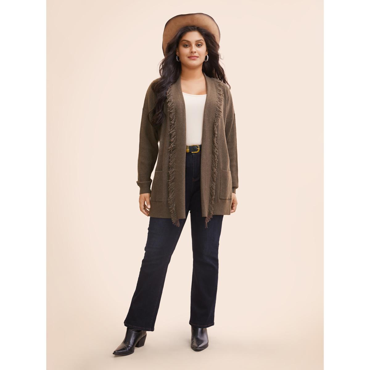 Plus Size Supersoft Essentials Tasseled Neckline Long Cardigan Browncoffeecolor Women Casual Loose Long Sleeve Everyday Cardigans BloomChic 14-16/1X Product Image
