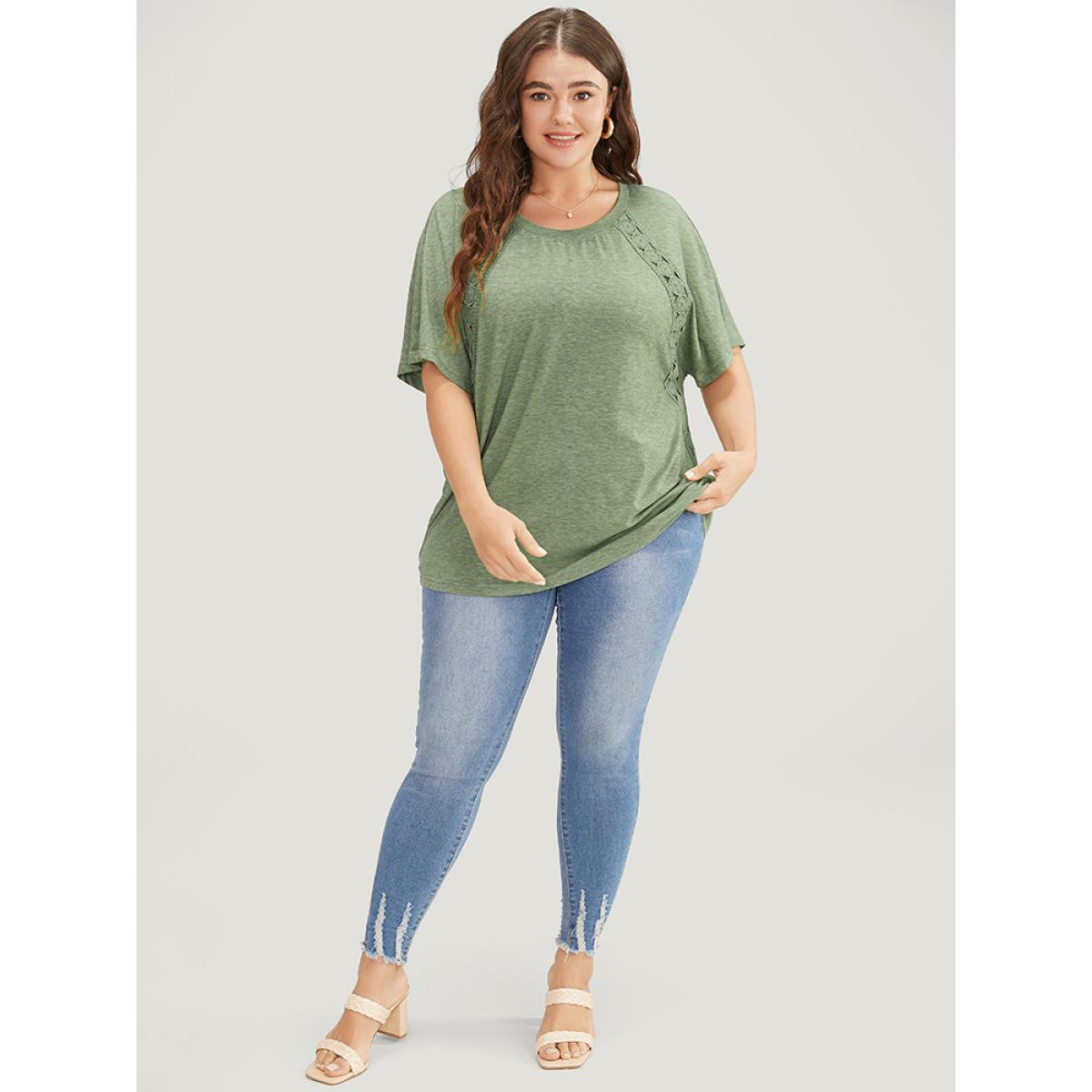 Plus Size Solid Contrast Lace Ruffle Sleeve T-shirt Sage Women Elegant Lace Plain Round Neck Everyday T-shirts BloomChic 18-20/2X Product Image