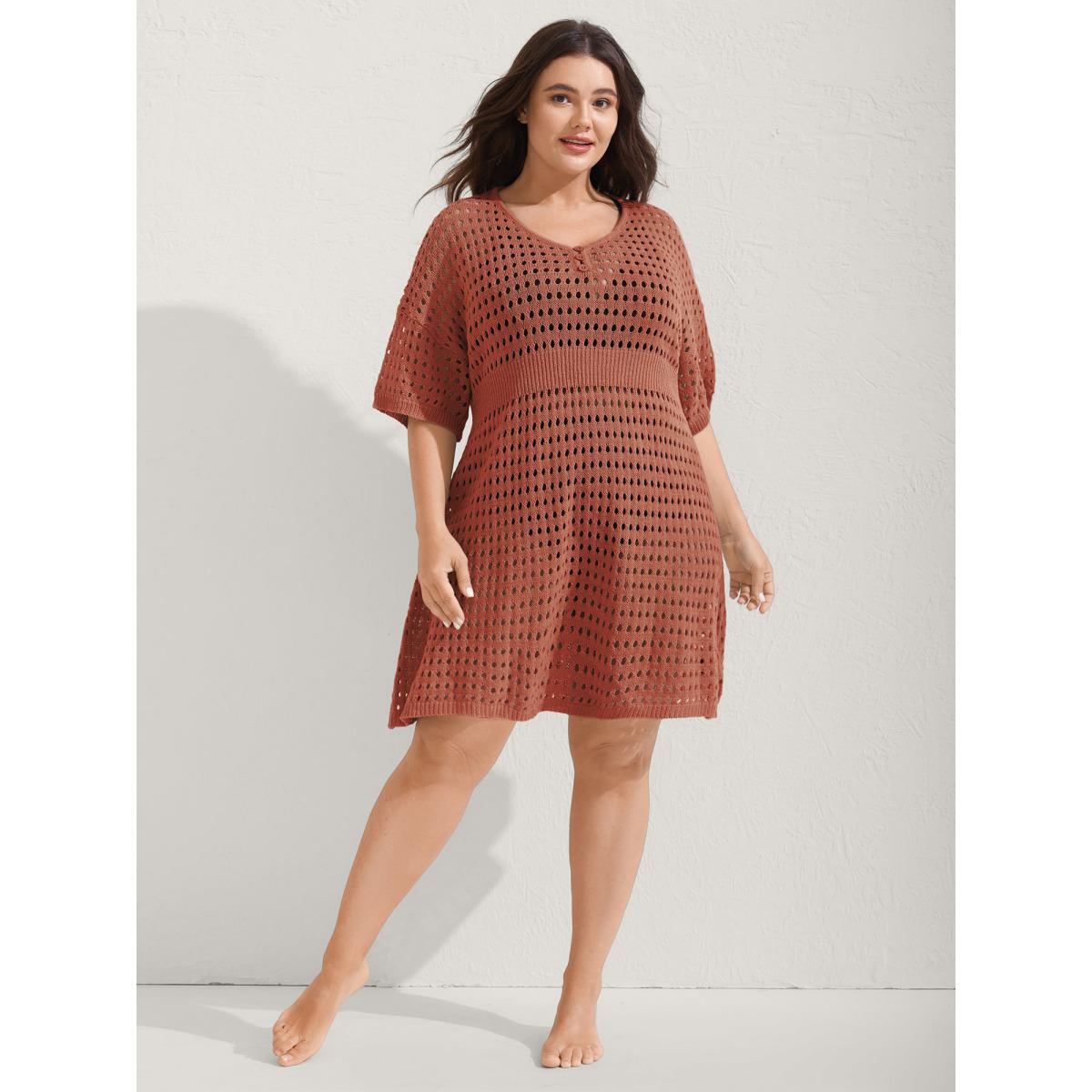 Plus Size Cut-Out Waist-Cinched Button Swim Cover-Up Women's Swimwear Rust Resort Loose Cut-Out Curve Swim Cover Ups BloomChic 30/6X Product Image