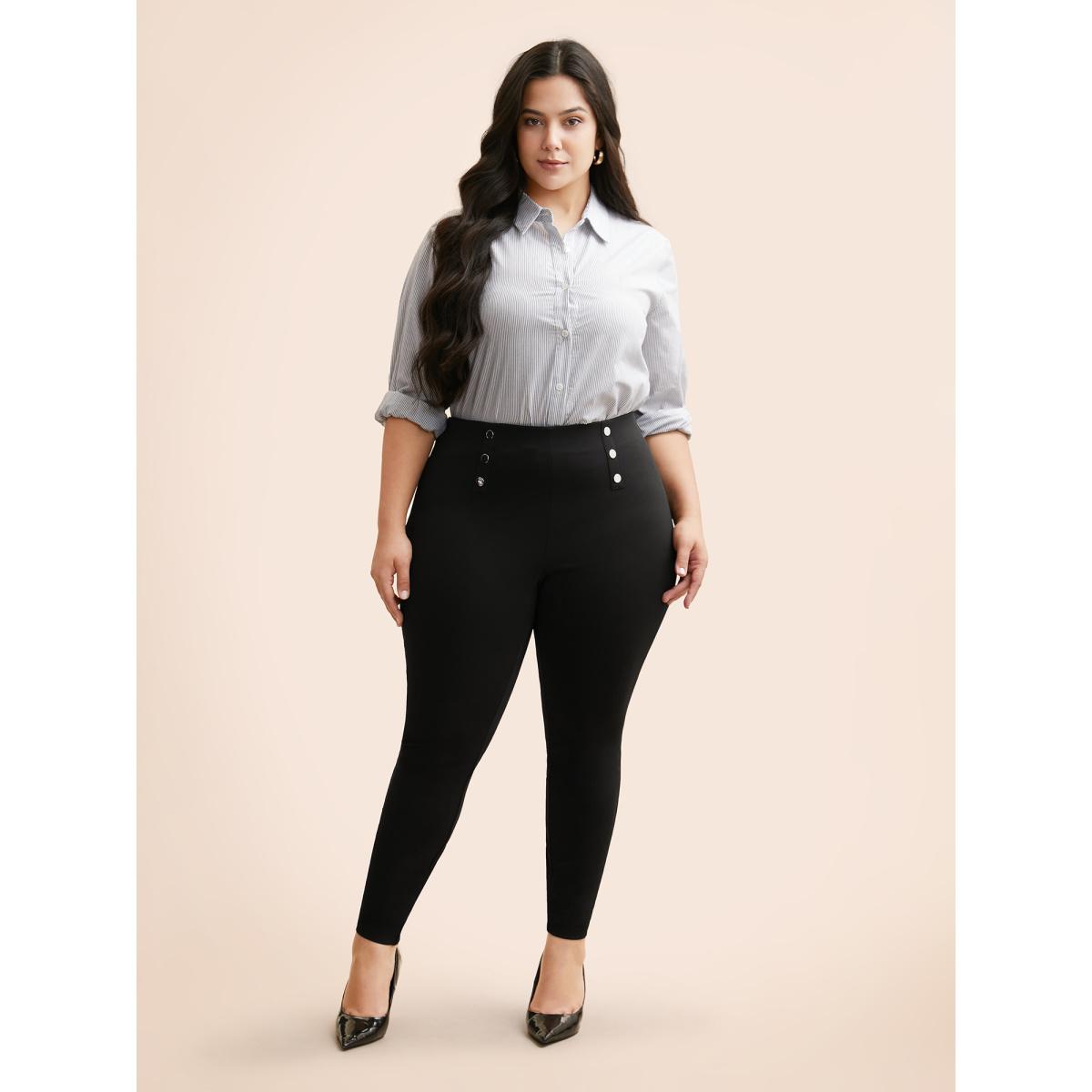 Plus Size High Rise Button Detail Stretchy Pants Women Black Workwear Essentials Skinny High Rise Office Pants BloomChic 12/L Product Image
