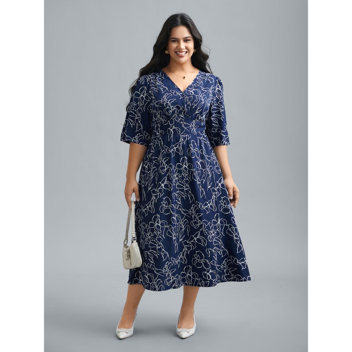 Plus Size Surplice Neck Abstract Print Fit Midi Dress Navy Women At the Office Gathered Overlap Collar Elbow-length sleeve Curvy BloomChic 18-20/2X Product Image