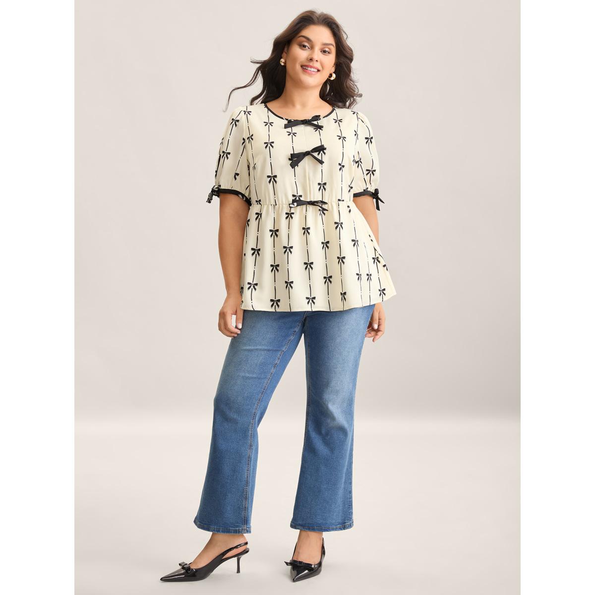Plus Size Beige Bow Detail Printed Color Contrast Blouse Women Romantic Half Sleeve V-neck Elegant Blouses BloomChic 30/6X Product Image