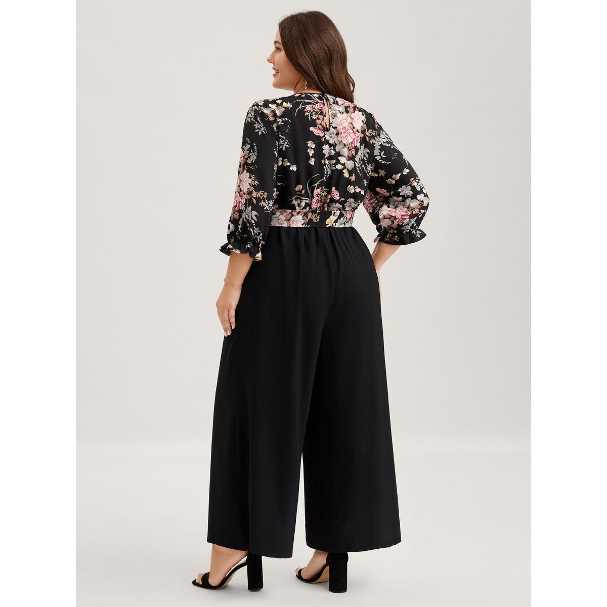 Plus Size Black Floral Contrast Belted Wide-Leg Jumpsuit Women Romantic Elbow-length sleeve Overlap Collar Elegant Loose Jumpsuits BloomChic 22-24/3X Product Image