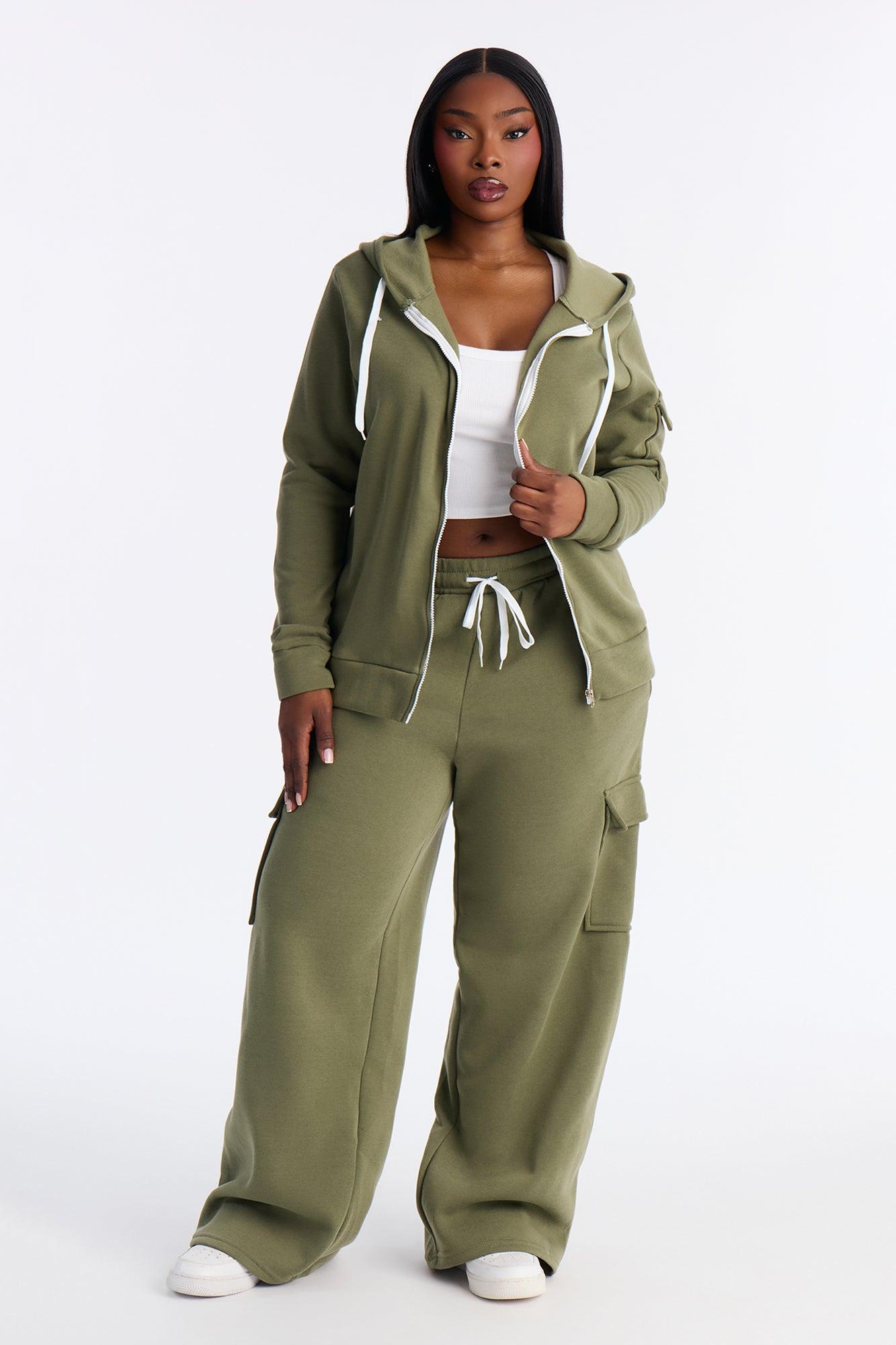 On The Run Cargo Fleece Pant Set - Olive Female Product Image