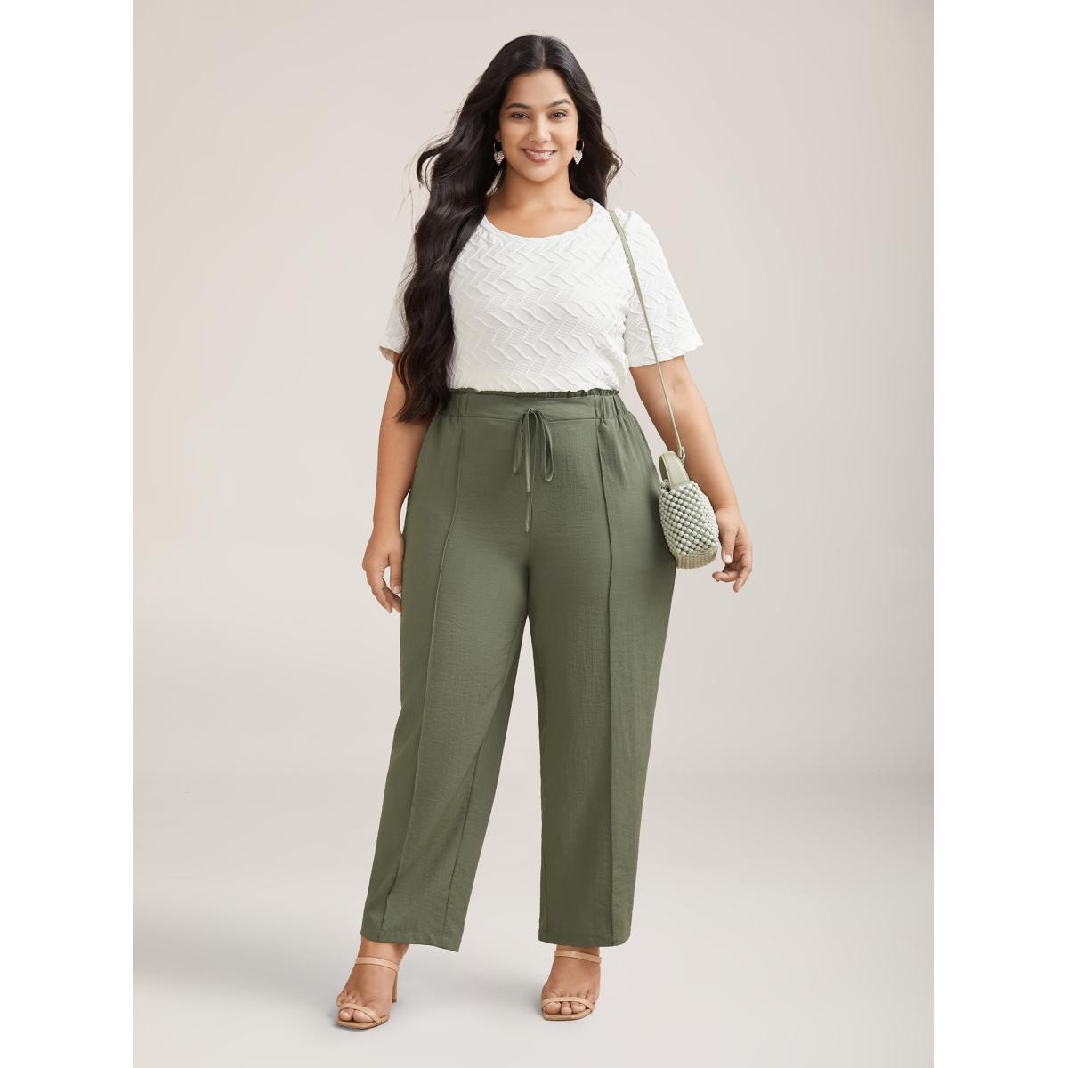 Plus Size Waist Drawstring Seamed Straight Pants Women Sage Casual Straight Leg Mid Rise Everyday Pants BloomChic 18-20/2X Product Image