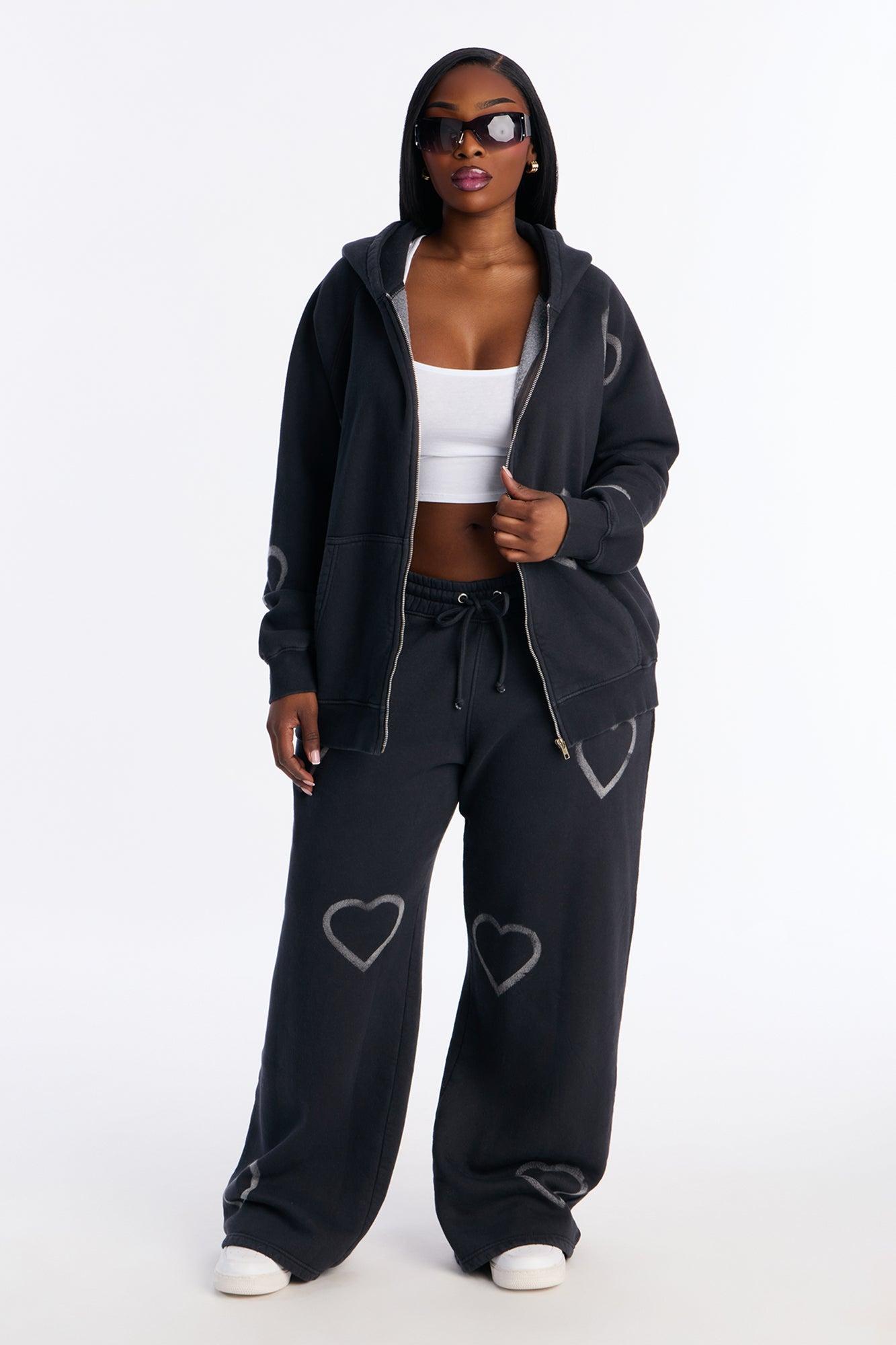 Heart On My Sleeve Fleece Pant Set - Charcoal Female Product Image