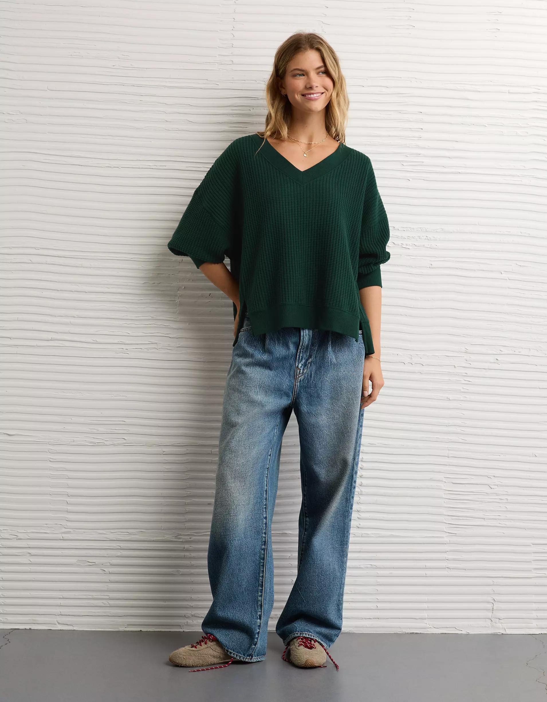 AE Big Hug V-Neck Waffle Sweatshirt Product Image