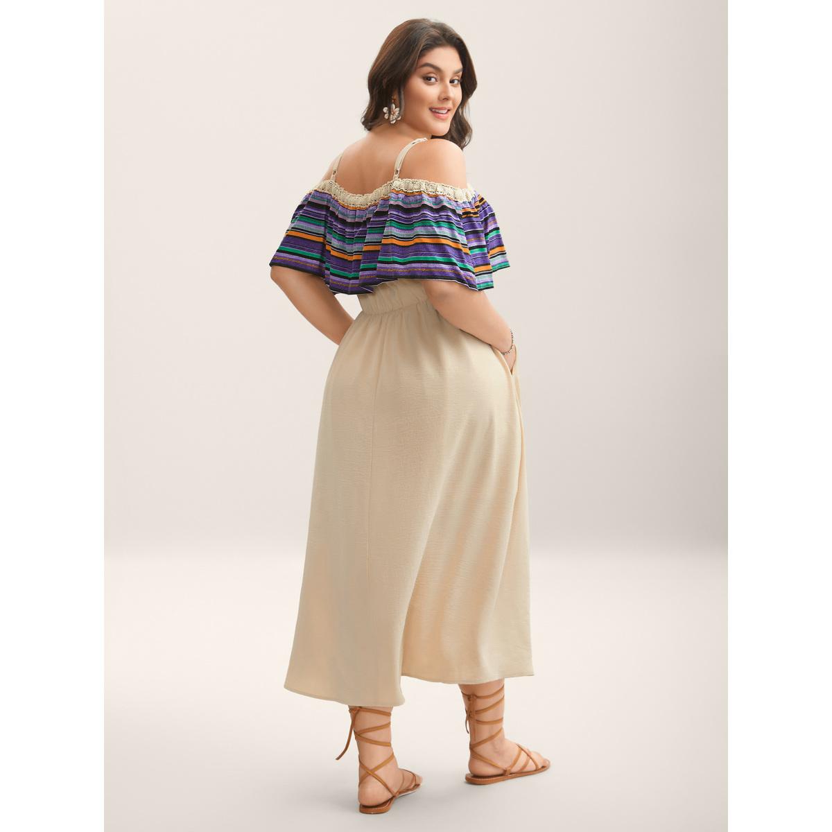 Plus Size Cold-Shoulder Textured Striped Pockets Midi Dress Apricot Women One-shoulder neck Sleeveless Curvy BloomChic 18-20/2X Product Image