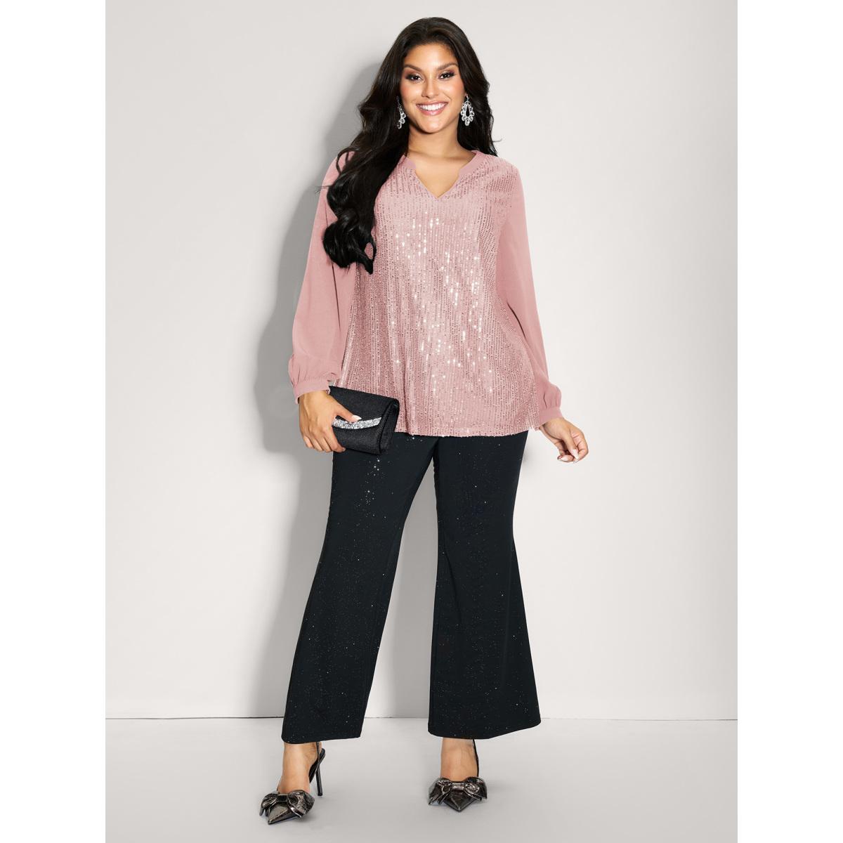 Plus Size Blush Shimmery Sequin Notched Collar Blouse Women Party&Cocktail Extra Long Sleeve Flat collar with V-notch Party Blouses BloomChic 18-20/2X Product Image