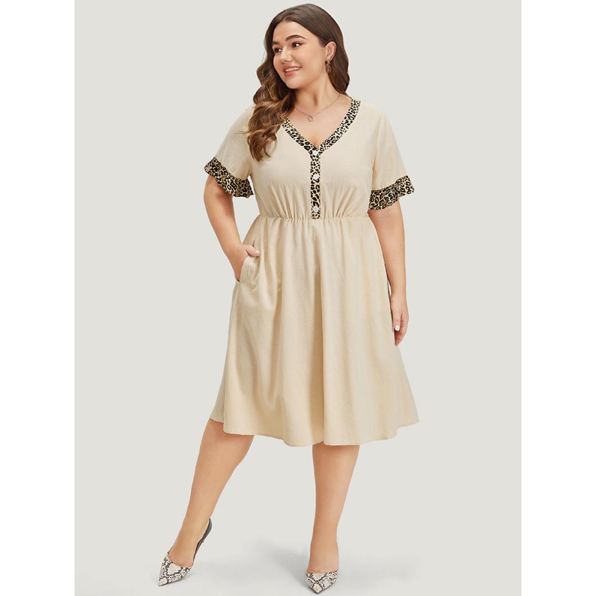 Plus Size Leopard Patchwork Pocket Flutter Trim Button Detail Dress Apricot Women Office Plain V-neck Short sleeve Curvy Midi Dress BloomChic 18-20/2X Product Image