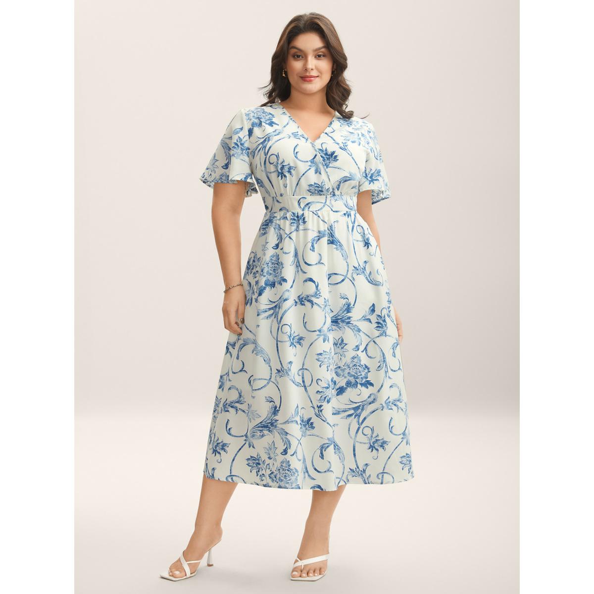 Plus Size Artistic Floral Pattern Surplice Neck Midi Dress Stone Women Overlap Collar Short sleeve Curvy BloomChic 18-20/2X Product Image