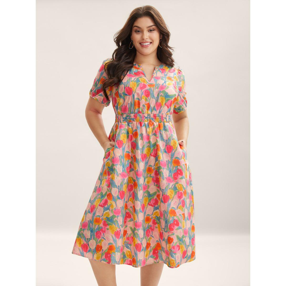 Plus Size Cotton Rosy Garden Shirred Waist Pockets Midi Dress Blush Women Playful Notched collar Short sleeve Curvy BloomChic 28/5X Product Image