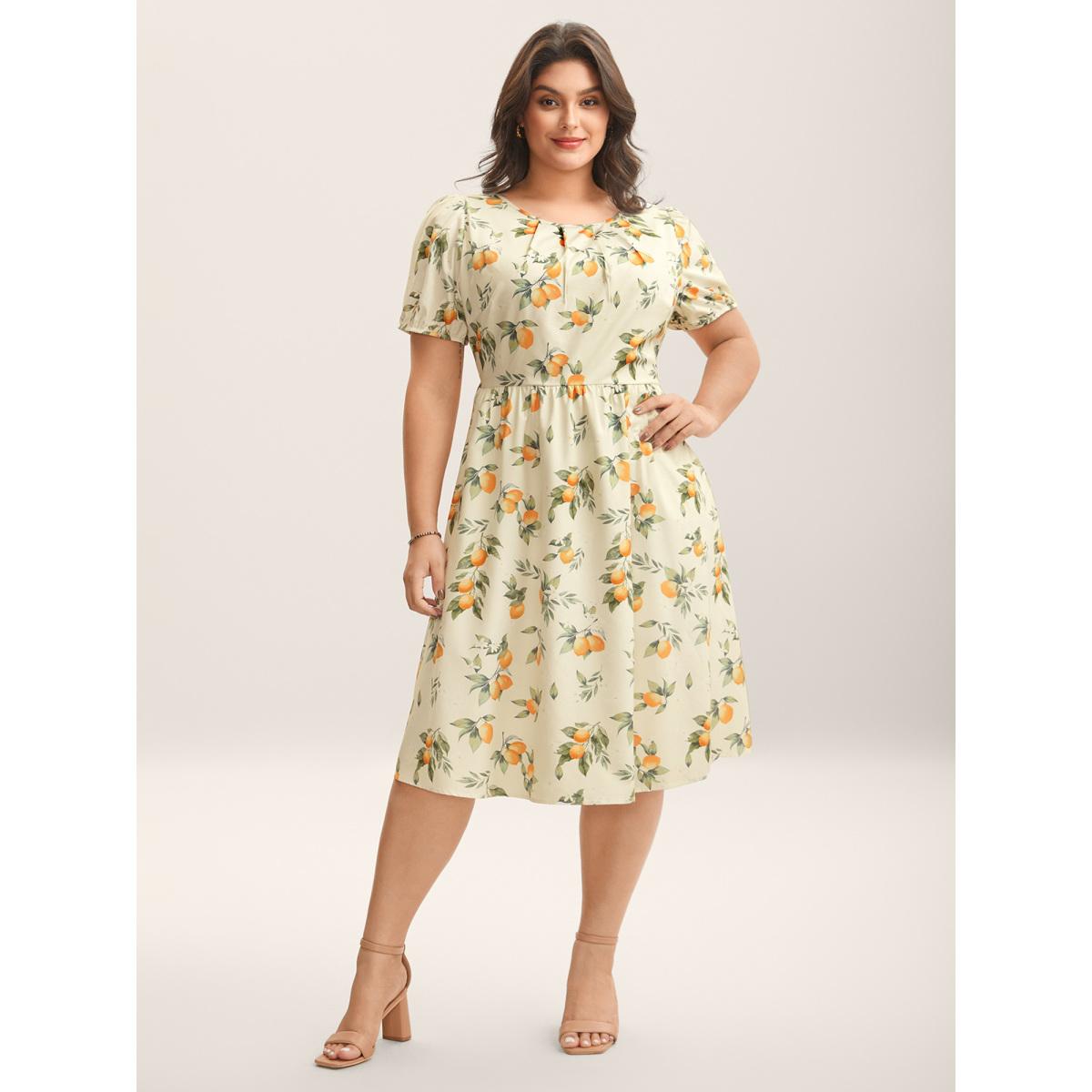 Plus Size Citrus Print Bow Backless Midi Dress Apricot Women Romantic Boat Neck Short sleeve Curvy BloomChic 22-24/3X Product Image