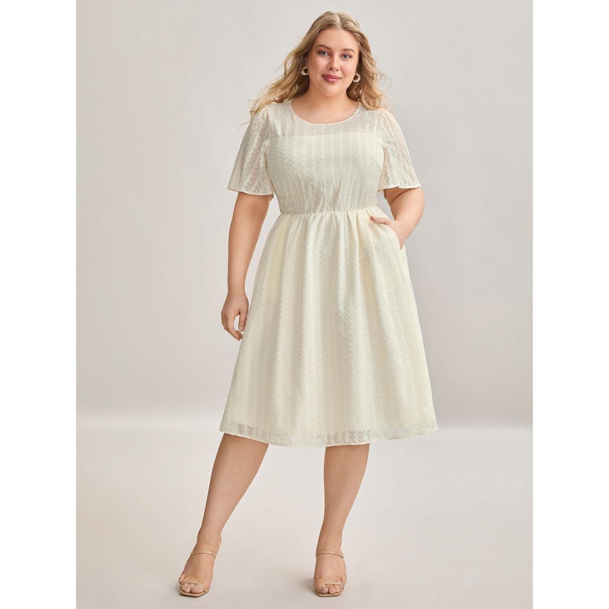 Plus Size Woven-Textured Feel Sheer Bodice Midi Dress Beige Women Elegant Texture Round Neck Short sleeve Curvy BloomChic 22-24/3X Product Image