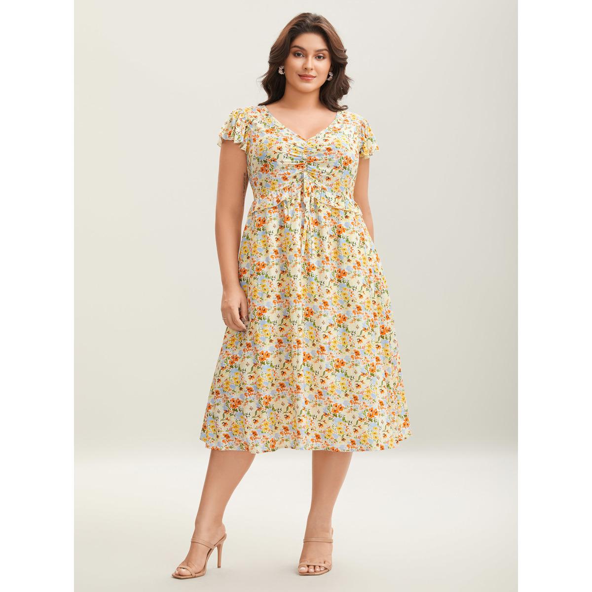 Plus Size Floral Print Ruched Pockets Midi Dress Lightyellow Women Tie knot V-neck Cap Sleeve Curvy BloomChic 14-16/1X Product Image
