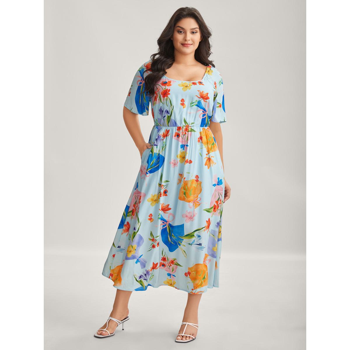 Plus Size Rayon Floral Print Pockets Midi Dress Multicolor Women Round Neck Short sleeve Curvy BloomChic 14-16/1X Product Image
