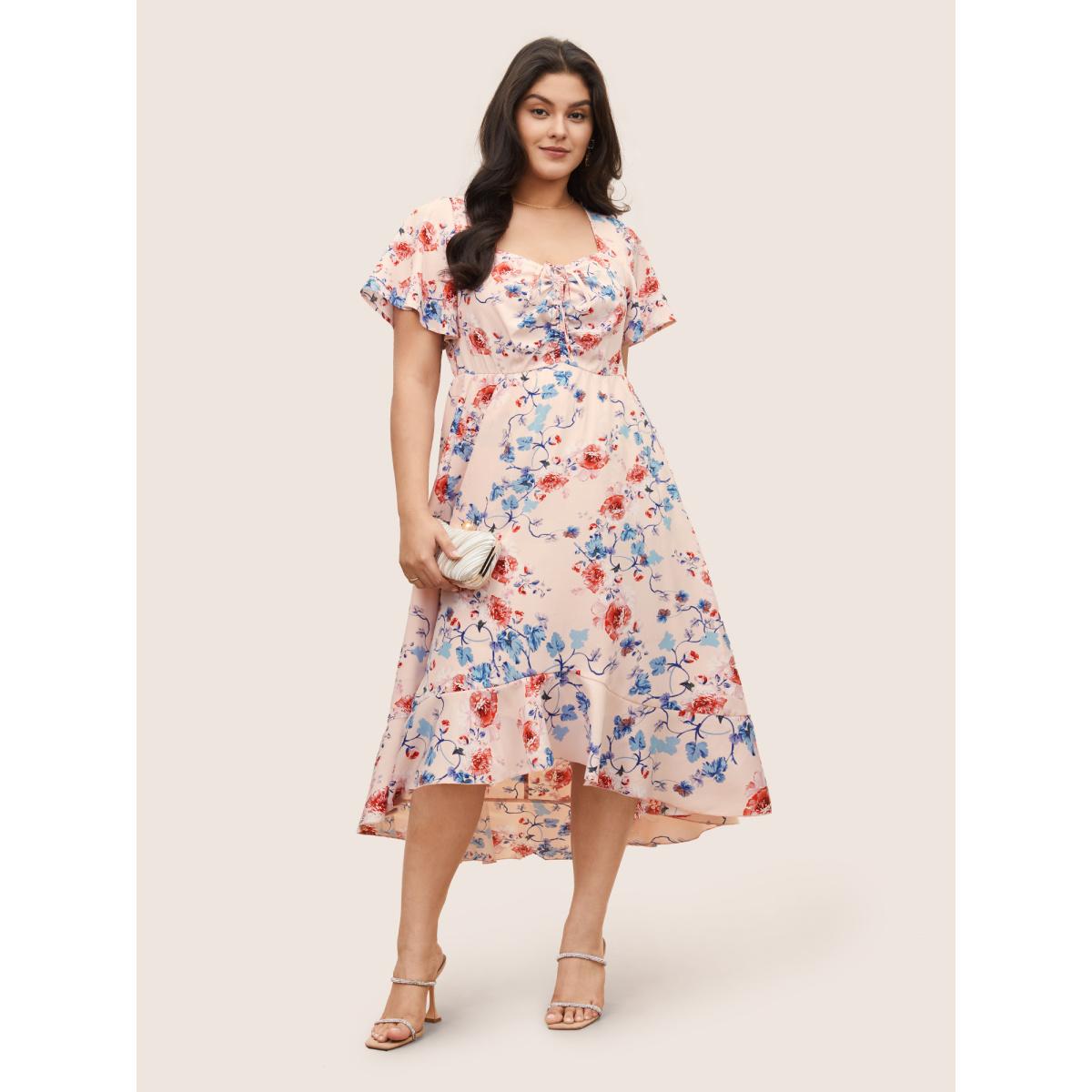 Plus Size Square Neck Floral Print Gathered Drawstring Dress MistyRose Women Elegant Non Square Neck Short sleeve Curvy Midi Dress BloomChic 26/4X Product Image
