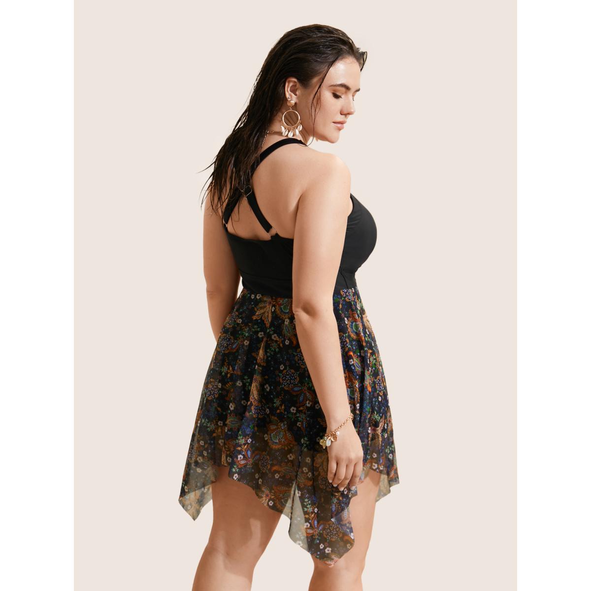 Plus Size Patchwork Ruched Knot Asymmetrical Hem Swim Dress Women's Swimwear Black Beach Bodycon Heart neckline High stretch Curve Swim Dresses BloomChic 26/4X Product Image