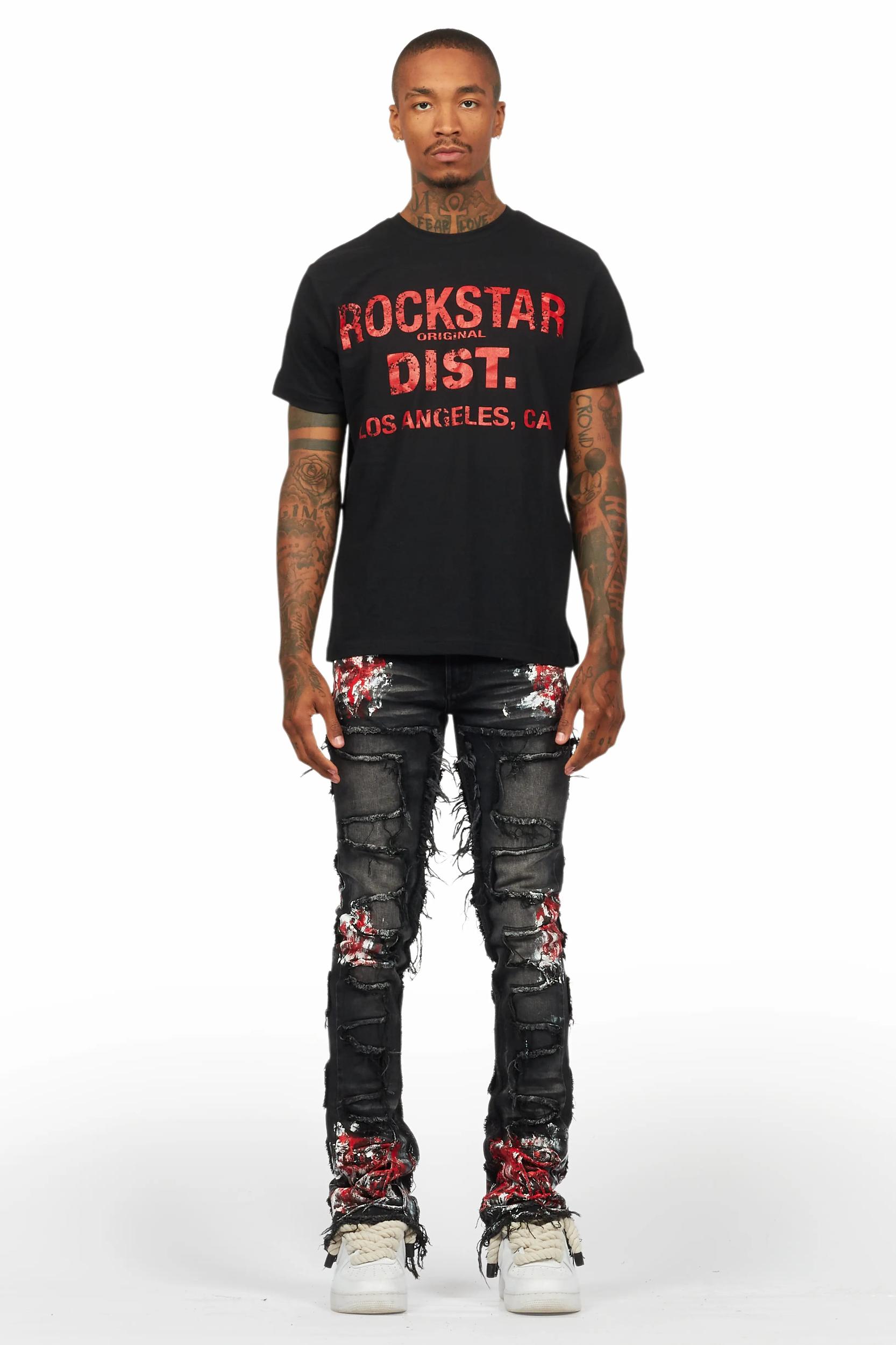 Saxon Dark Grey/Red T-Shirt/Stacked Flare Jean Set Male Product Image