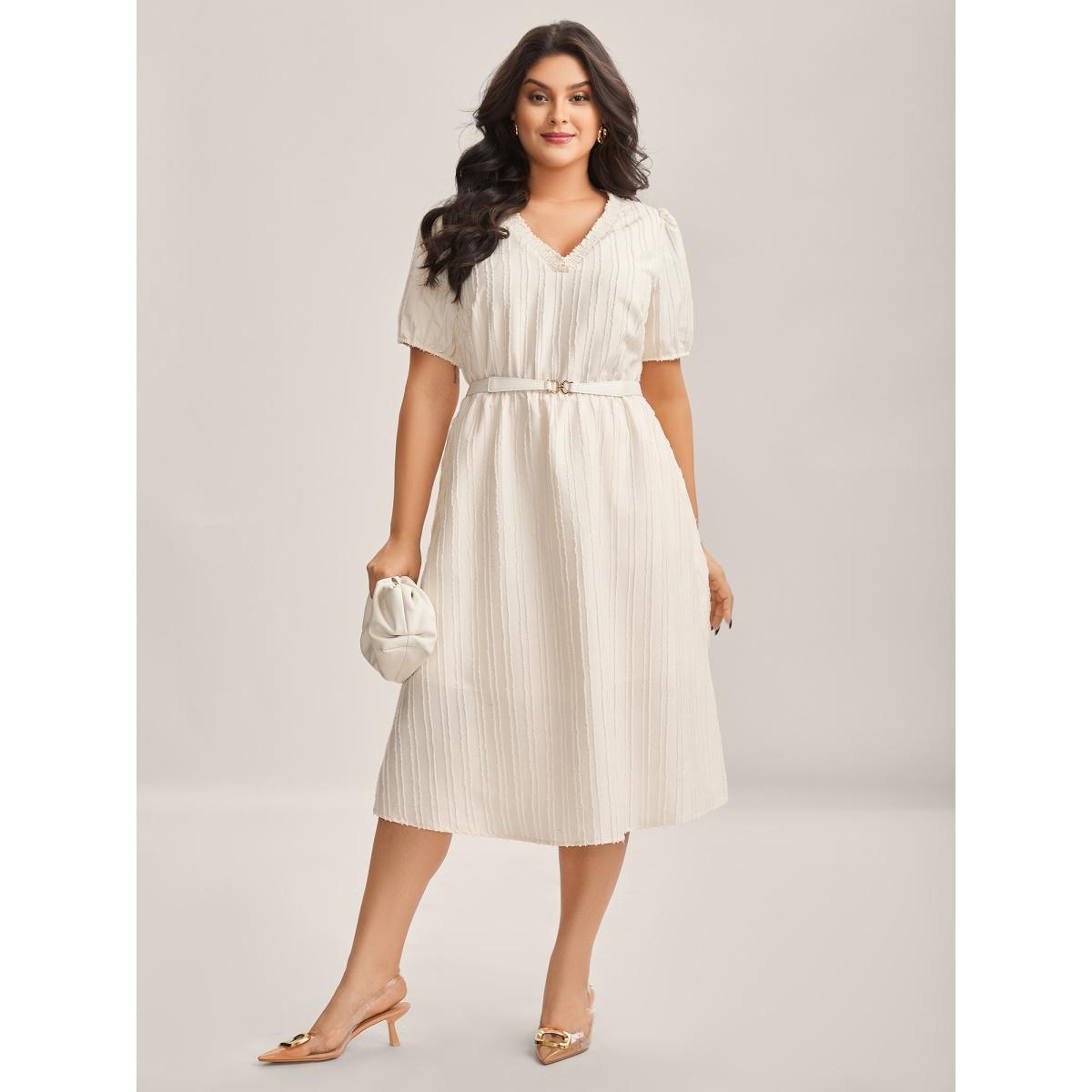 Plus Size Textured V-Neck Pockets Solid Midi Dress Ivory Women V-neck Short sleeve Curvy BloomChic 22-24/3X Product Image