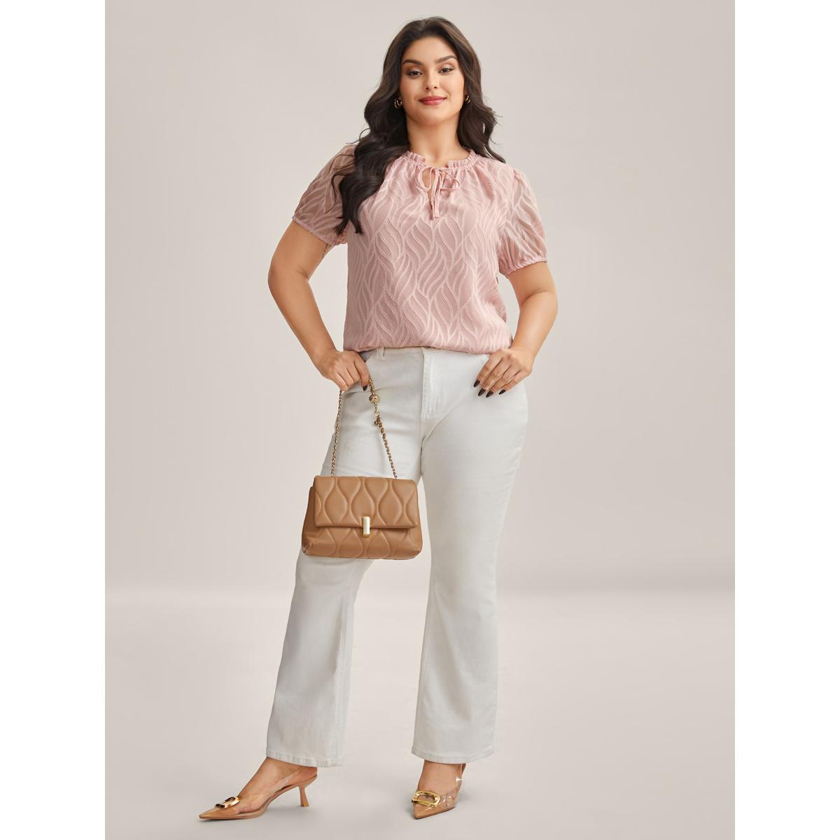 Plus Size Crepe Textured Ruffled Neck A-Line Blouse Women Office Short sleeve Round Neck Office Blouses BloomChic 14-16/1X Product Image