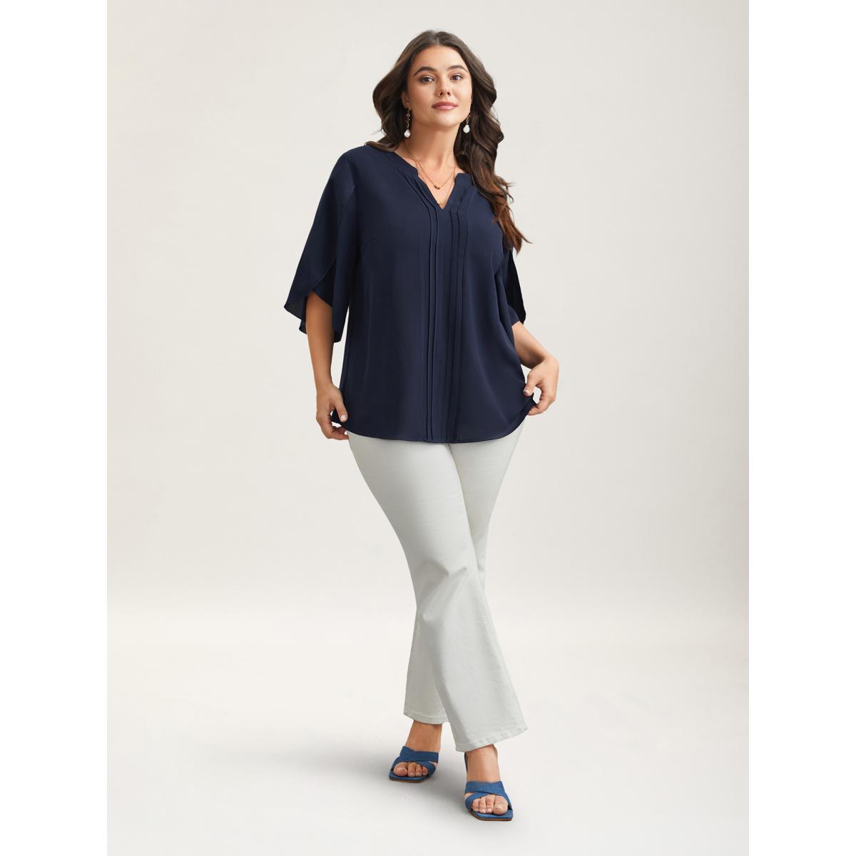 Plus Size Indigo Petal Sleeve Toothpick Pleats Shirt Women Office Elbow-length sleeve Notched collar Office Blouses BloomChic 14-16/1X Product Image