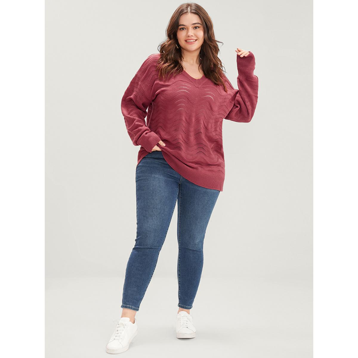 Plus Size Plain Pointelle Knit Water Ripple Eyelet Knit Top Scarlet Women Casual Loose Long Sleeve V-neck Dailywear Pullovers BloomChic 14-16/1X Product Image