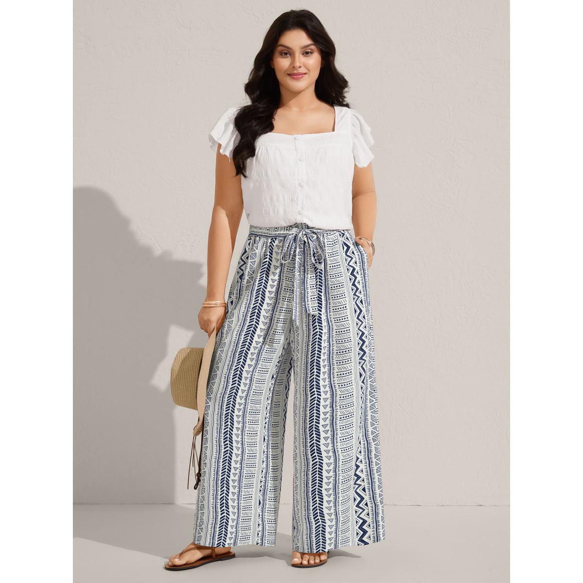 Plus Size Waist-Tie Wide-Leg Boho Print Pants Women LightBlue Leisure Wide Leg Mid Rise Casual Pants BloomChic 26/4X Product Image