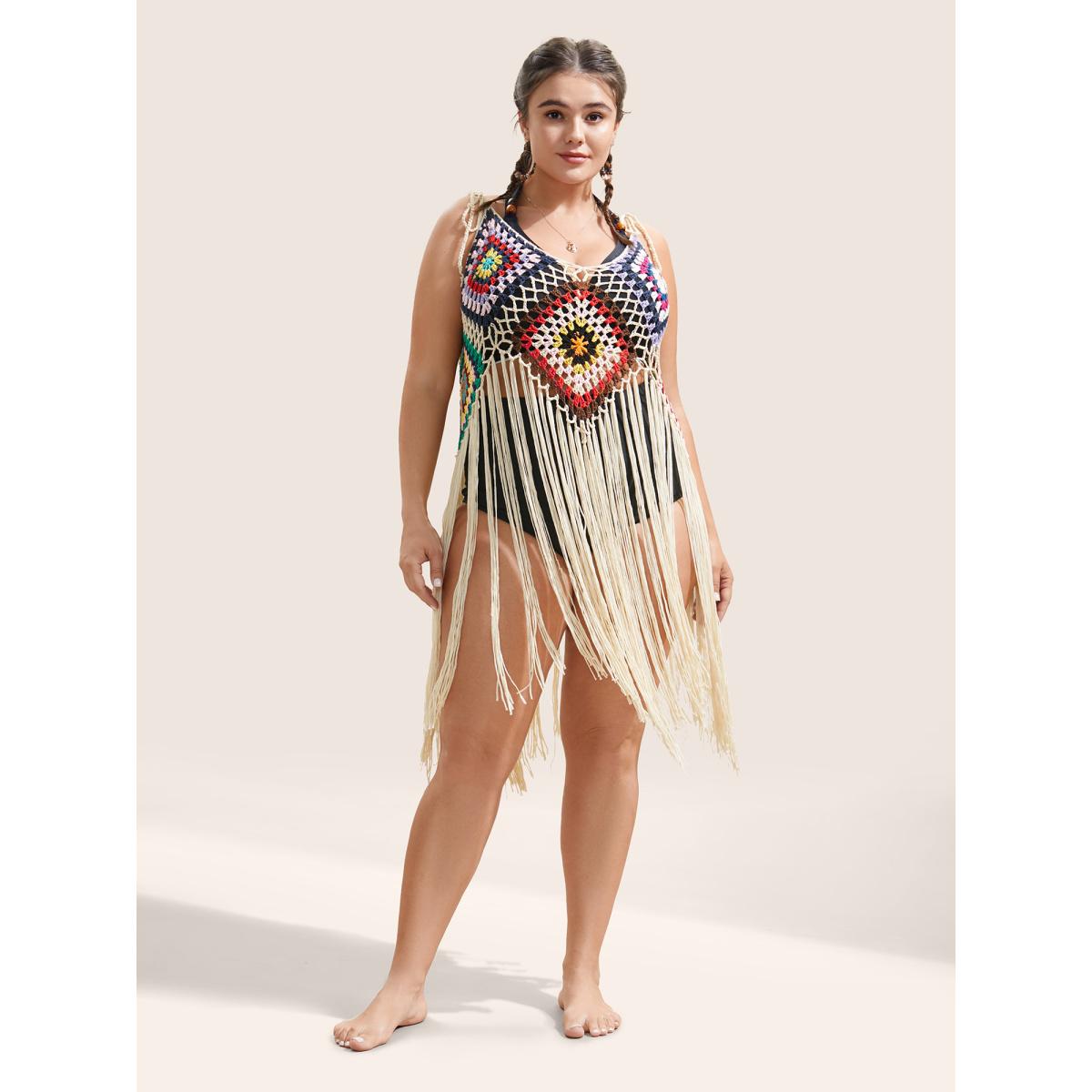 Plus Size Geometric Crochet Fringe Hem Swim Cover Up Women's Swimwear Apricot Beach Texture Curve Swim Cover Ups BloomChic 12/L Product Image