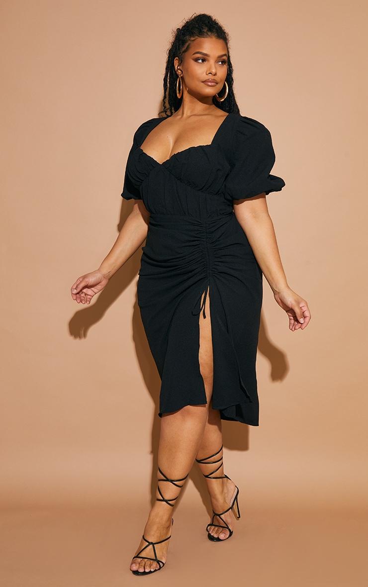 Plus Black Puff Sleeve Ruched Split Side Midi Dress Product Image