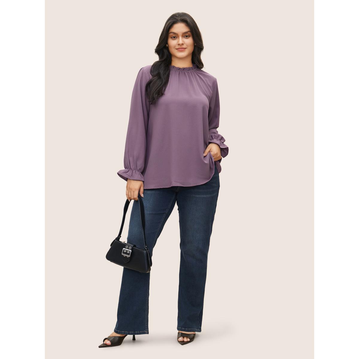 Plus Size Mauve Plain Lantern Sleeve Ruffle Trim Mock Neck Blouse Women Work From Home Long Sleeve Mock Neck Work Blouses BloomChic 12/L Product Image