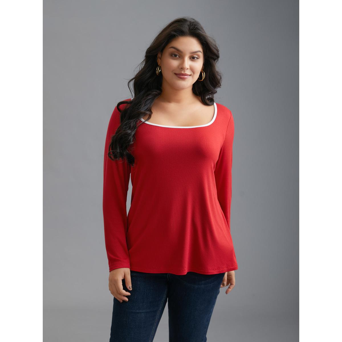 Plus Size Square Neck Contrast Trim T-shirt Crimson Women Casual Texture Square Neck Bodycon Everyday T-shirts BloomChic 26/4X Product Image