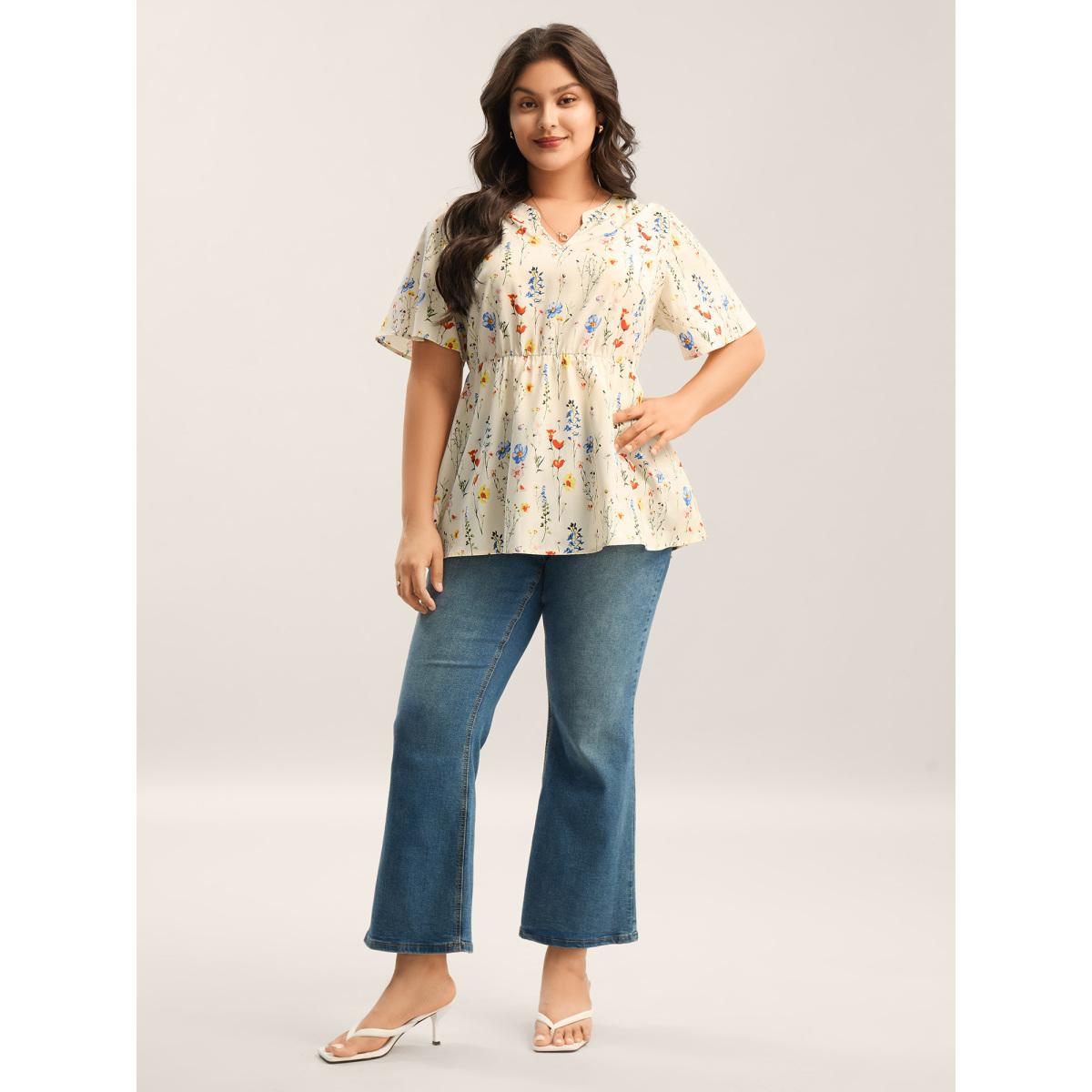 Plus Size Beige Branch Floral Print Notched Collar Blouse Women Timeless Short sleeve Notched collar Elegant Blouses BloomChic 10/M Product Image