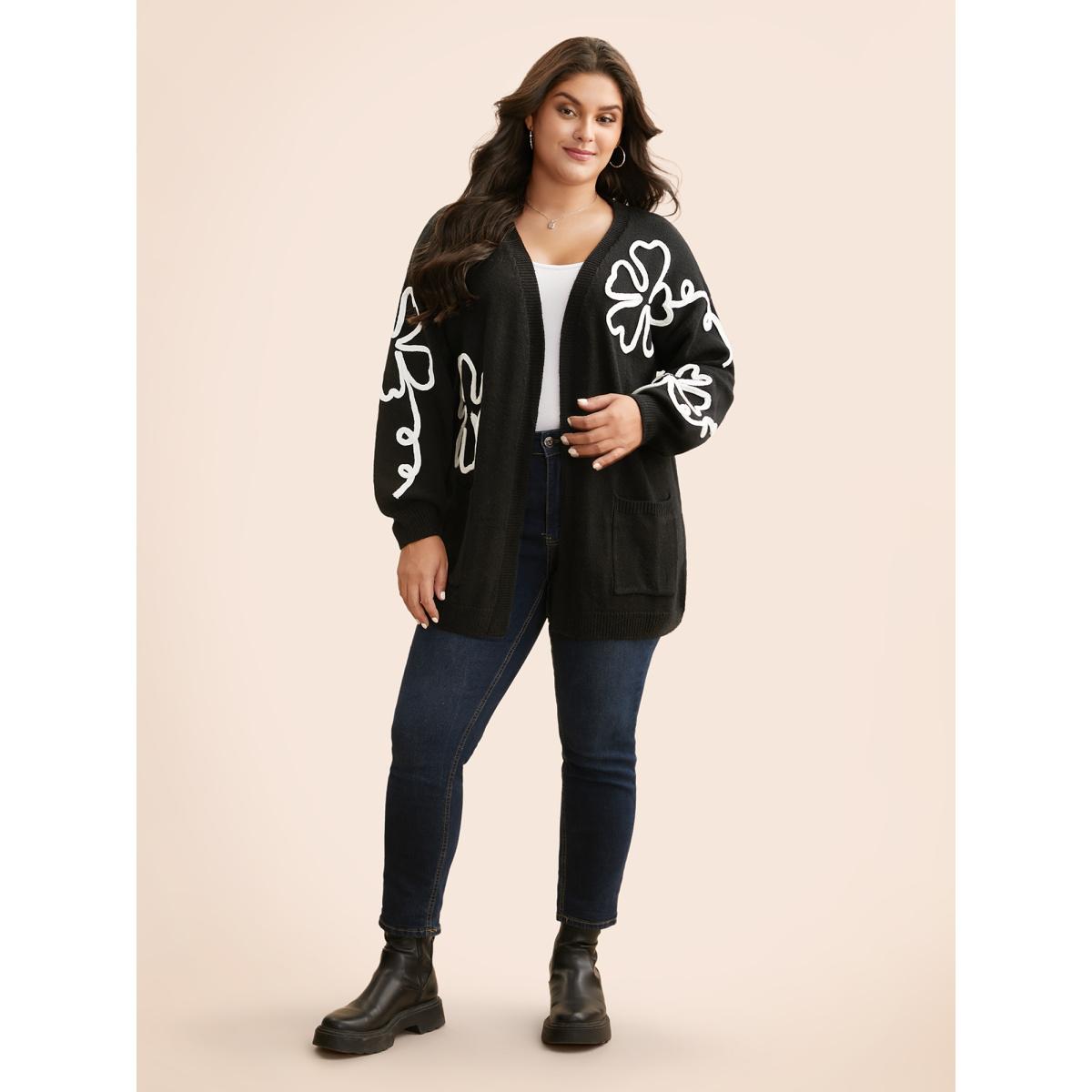 Plus Size Crochet Floral Kimono Collar Pocket Cardigan Black Women Casual Loose Long Sleeve Everyday Cardigans BloomChic 30/6X Product Image