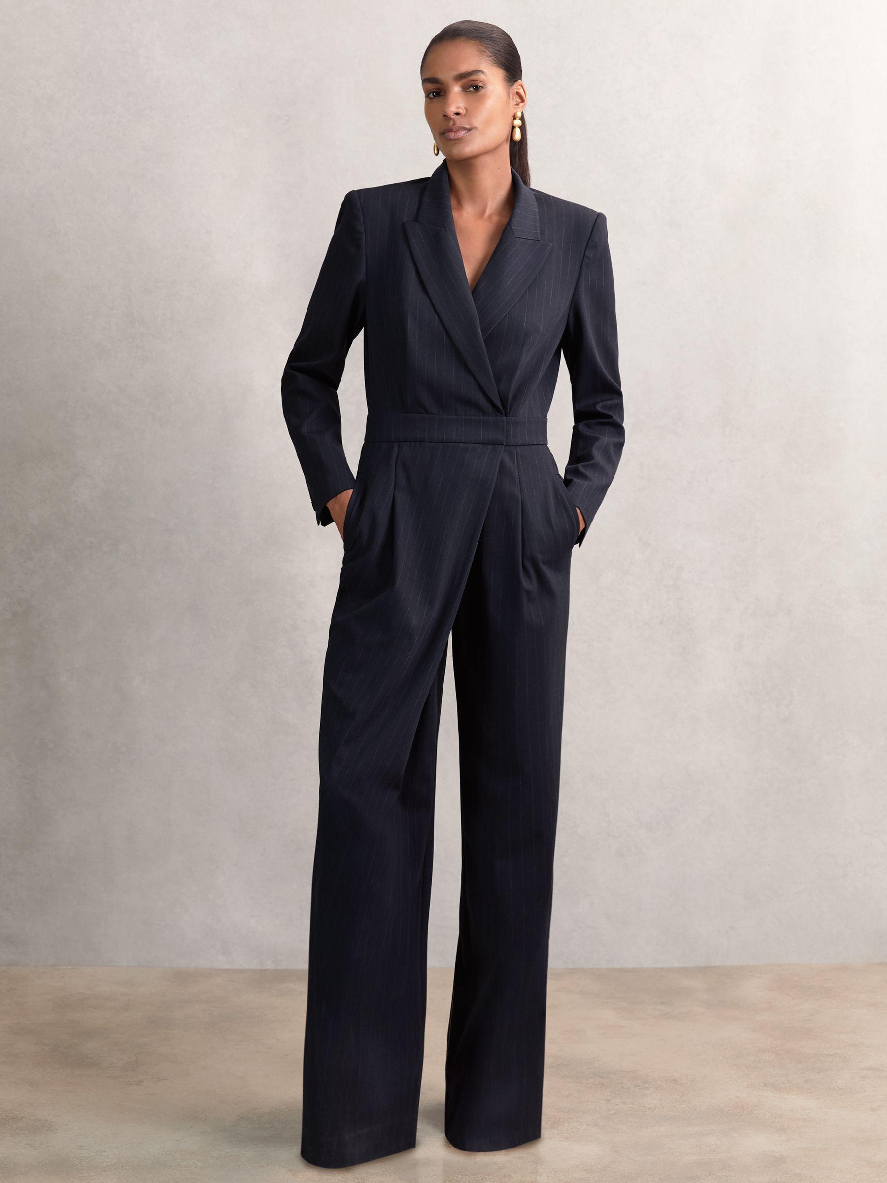 Pinstripe Tailored Wide-Leg Jumpsuit with Wool in Navy Product Image