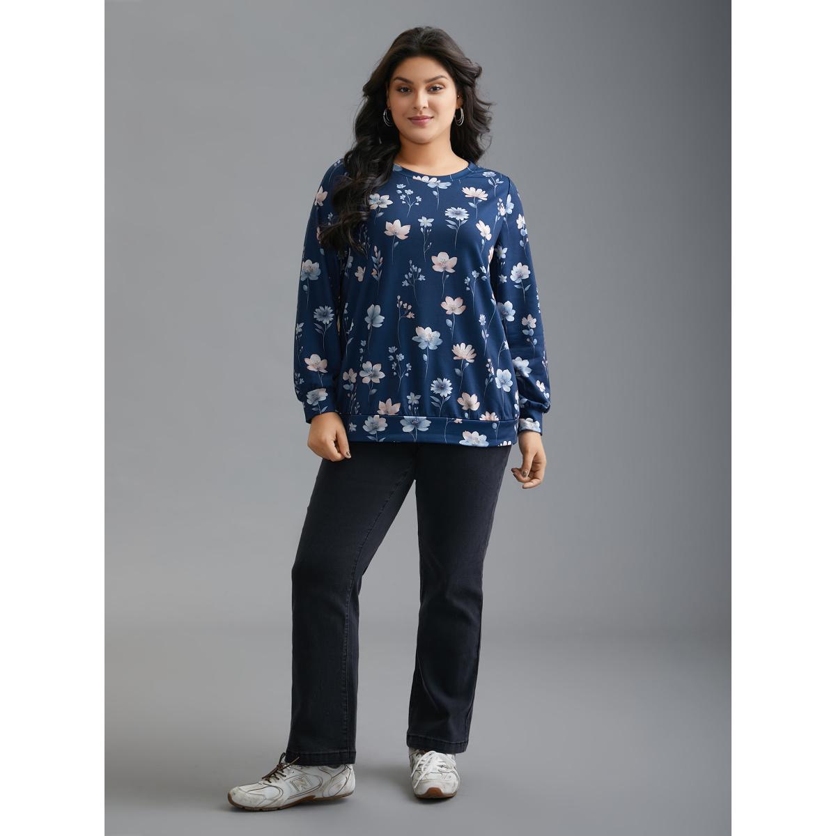 Plus Size Crew Neck Floral Print Sweatshirt Women DarkBlue Leisure Contrast Round Neck Casual Sweatshirts BloomChic 10/M Product Image