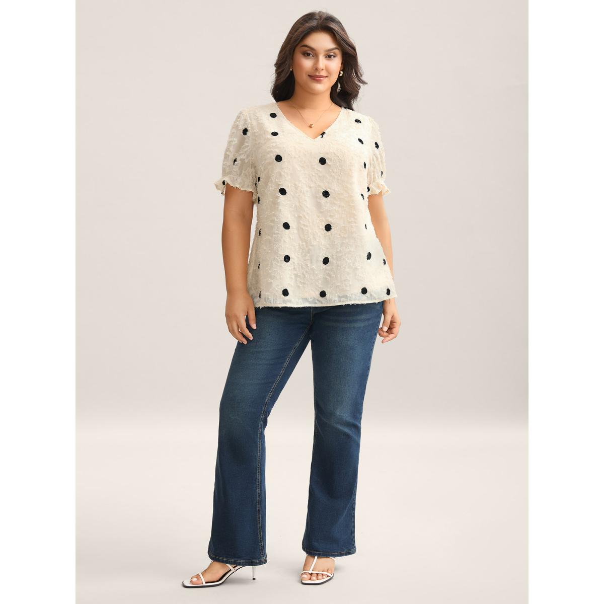 Plus Size Beige Textured Dots V-Neck Puff Sleeve Blouse Women Timeless Short sleeve V-neck Elegant Blouses BloomChic 26/4X Product Image