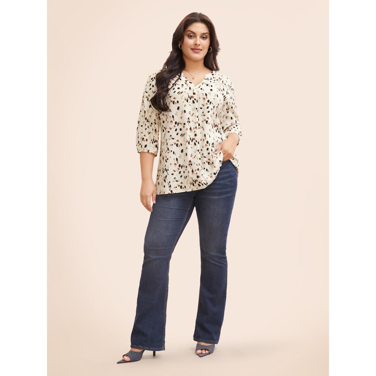 Plus Size Apricot Allover Print Notched Lantern Sleeve Blouse Women Elegant Half Sleeve V-neck Dailywear Blouses BloomChic 30/6X Product Image