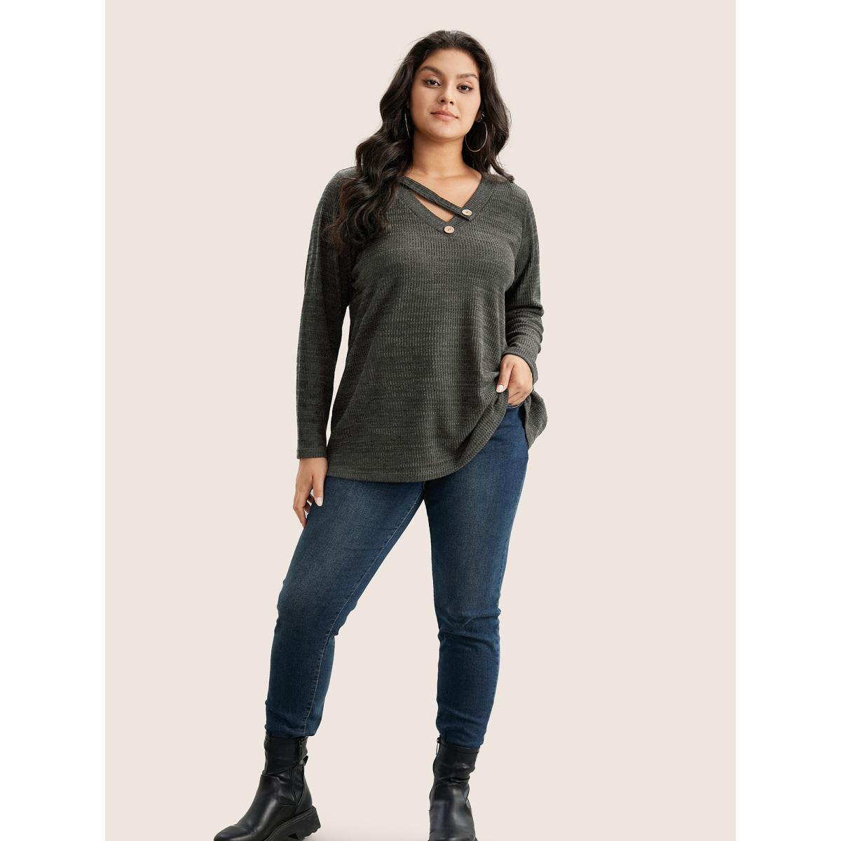 Plus Size Solid Rib Knit Button Detail T-shirt Gray Women Casual Non Plain V-neck Everyday T-shirts BloomChic 10/M Product Image