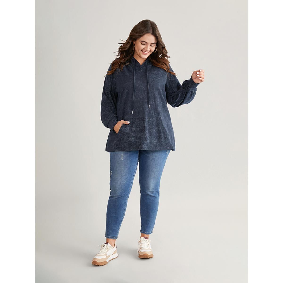 Plus Size Vintage Waffle Knit Kangaroo Pocket Sweatshirt Women Indigo Casual Waffle Knit Hooded Everyday Sweatshirts BloomChic 12/L Product Image