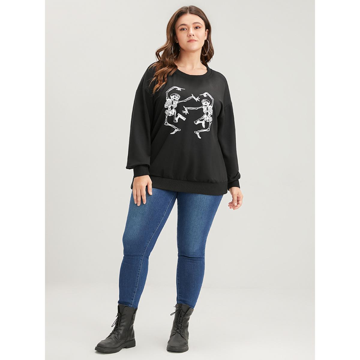 Plus Size Halloween Solid Skull Print Drop Shoulder Sweatshirt Women Black Casual Plain Loose Round Neck Dailywear Sweatshirts BloomChic 22-24/3X Product Image