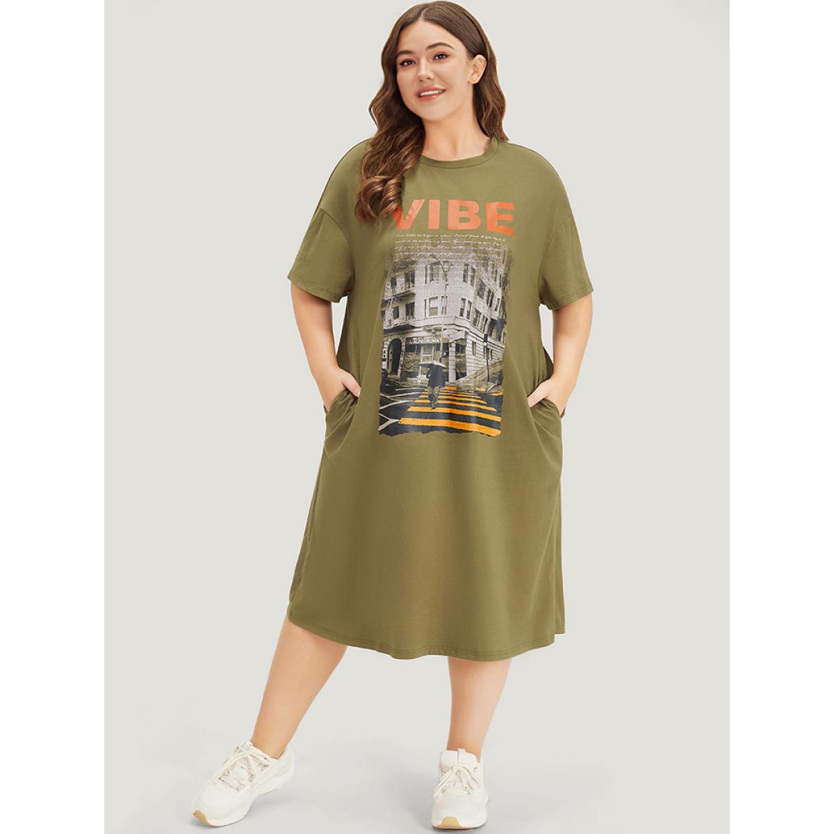 Plus Size Letter & Graphic Print Pocket Crew Neck Dress ArmyGreen Women Casual Plain Curvy Midi Dress BloomChic 12/L Product Image