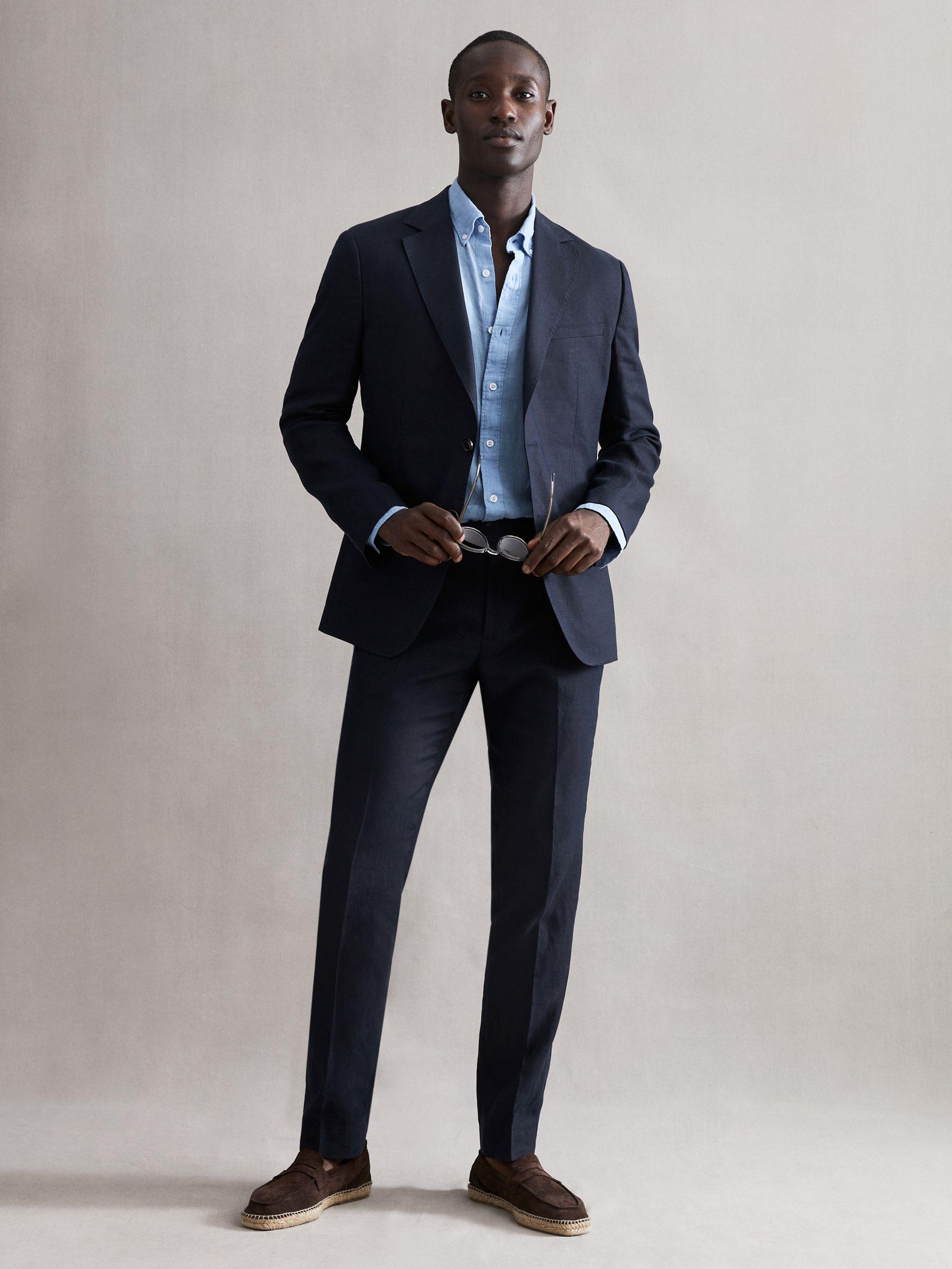 Slim Fit Single Breasted Linen Blazer in Navy Product Image